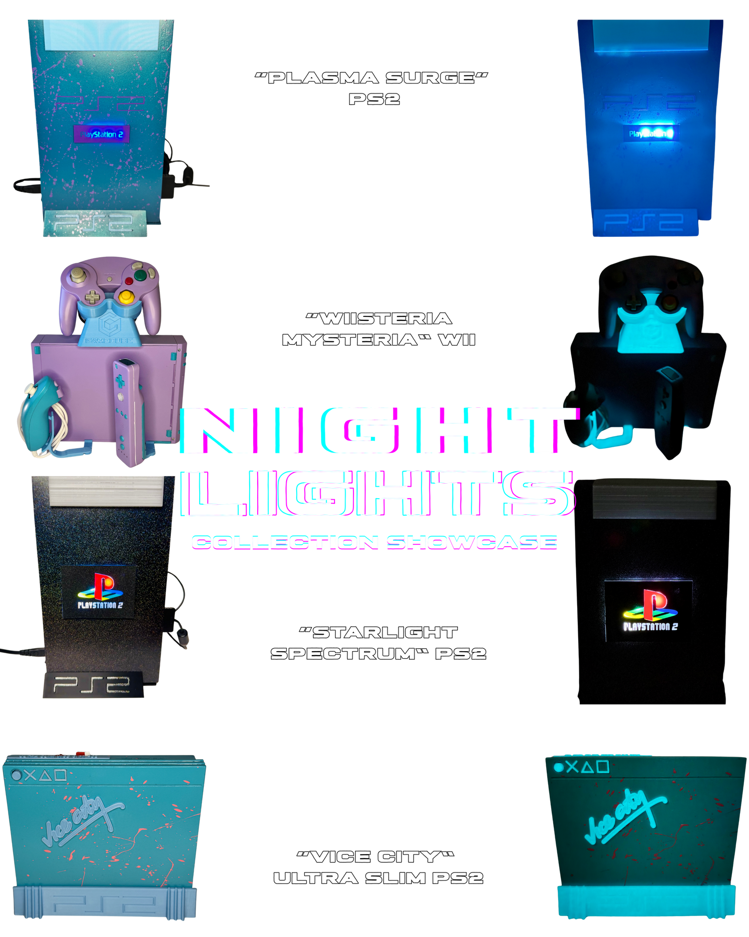 Collection of illuminated gaming consoles and accessories on a transparent background