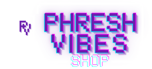 Pixelated text 'Phresh Vibes Shop' with a retro, glitchy effect on a white background.
